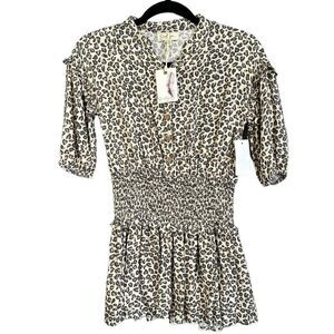 NWT Jessica Simpson Smocked Leopard Print Button Front Dress Black Tan